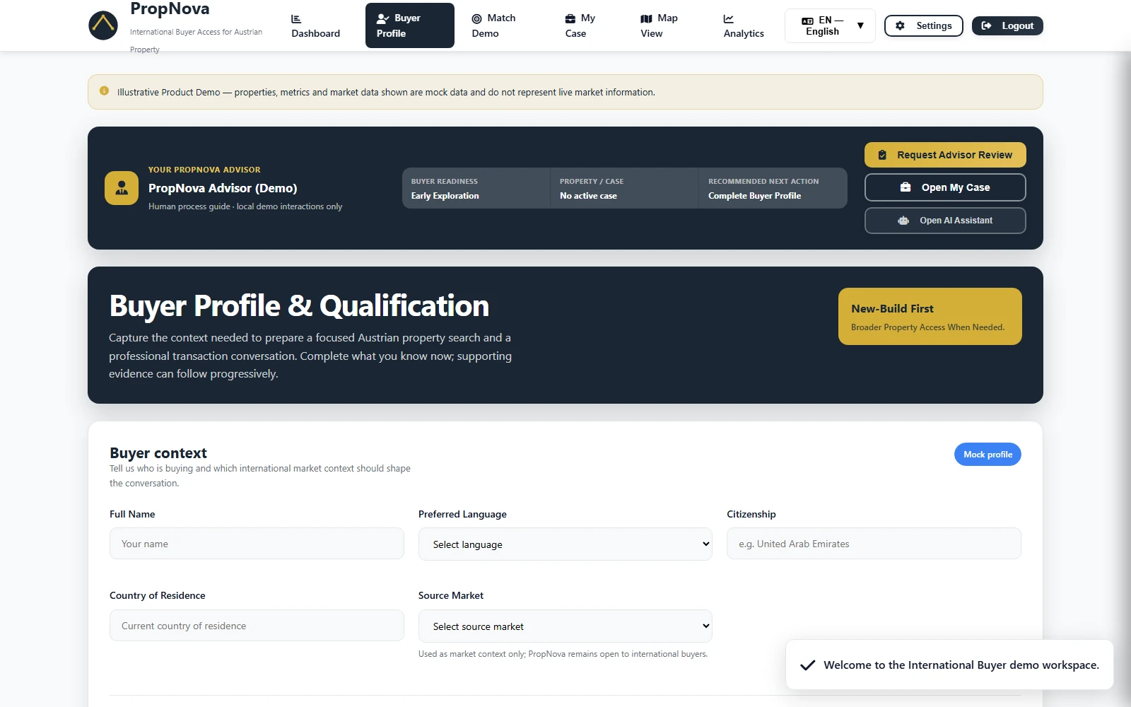 PropNova buyer profile and qualification workspace